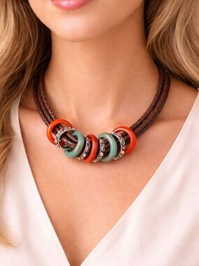 ⚠️ 5/25: Statement Brown Braided Necklace with Turquoise and Coral Accents
